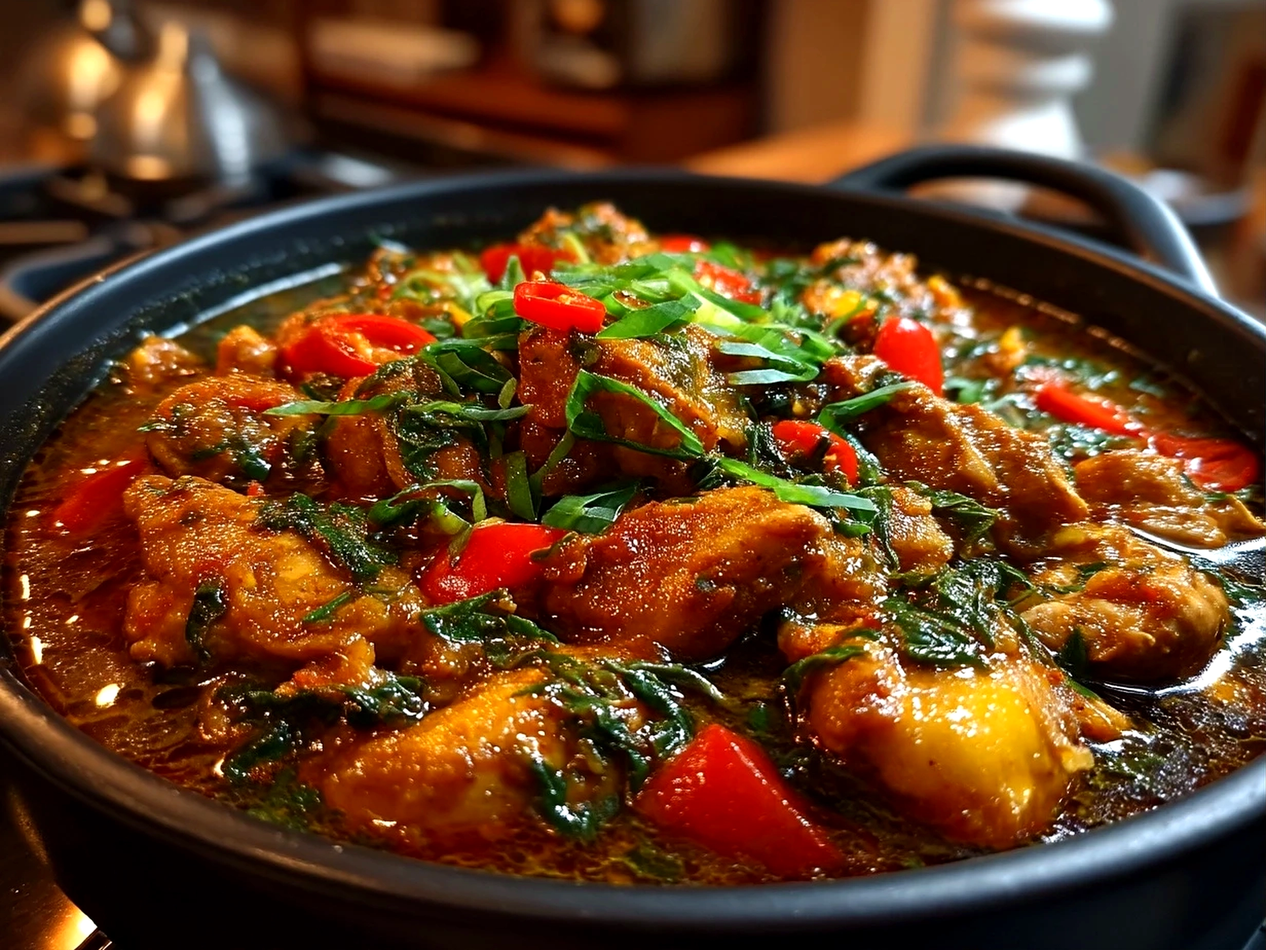 Slight angle close up of finished Spicy Nigerian Chicken Stew with fresh garnish