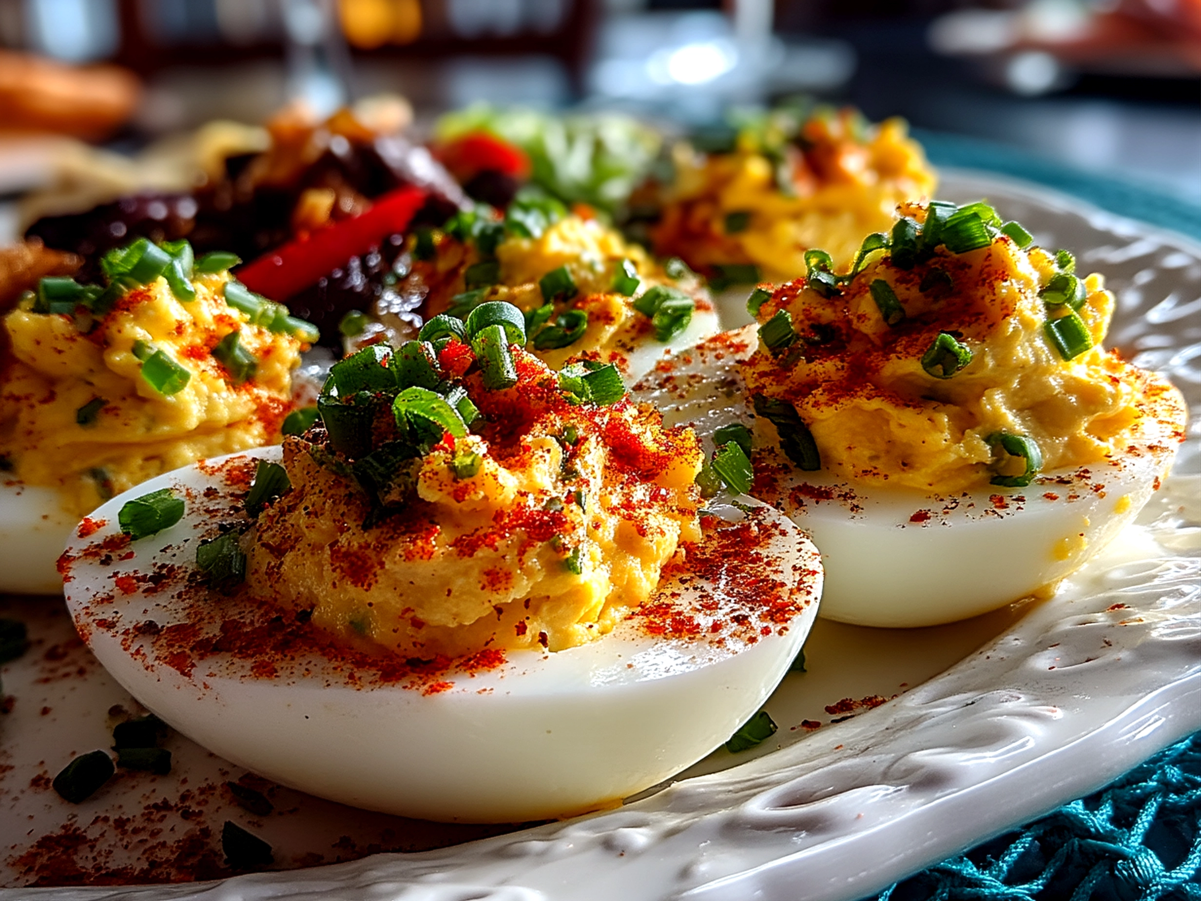 Slight angle close up of finished Thanksgiving Deviled Eggs arranged on a white platter