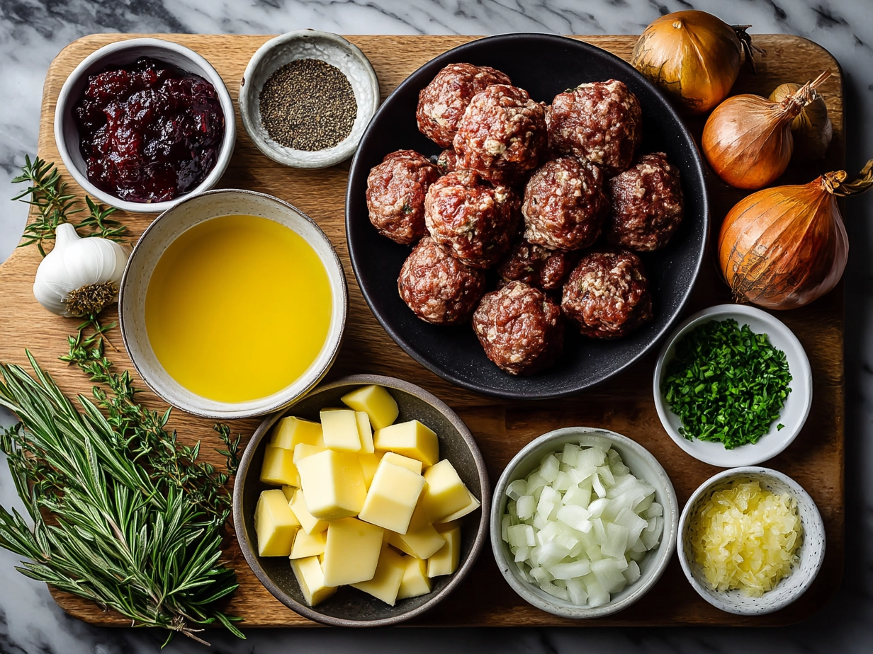 Ingredients for Slow Cooker Bourbon Apple Butter Meatballs laid out on countertop