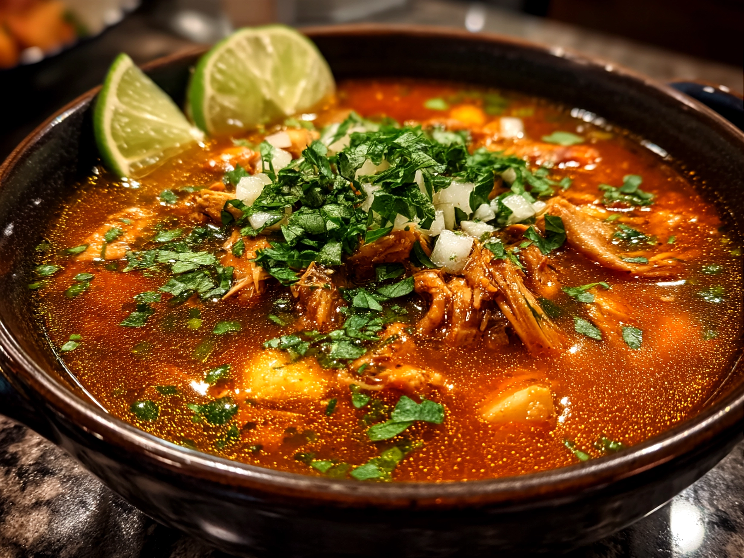 Slow Cooker Chicken Posole served in bowls with lime and cilantro garnish