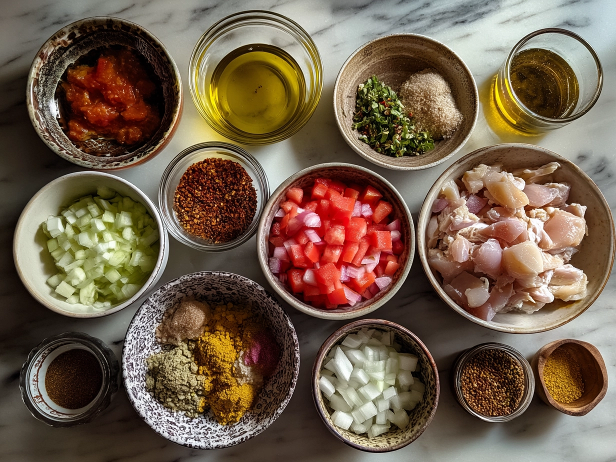 Ingredients for Slow Cooker Chicken Posole laid out on a counter