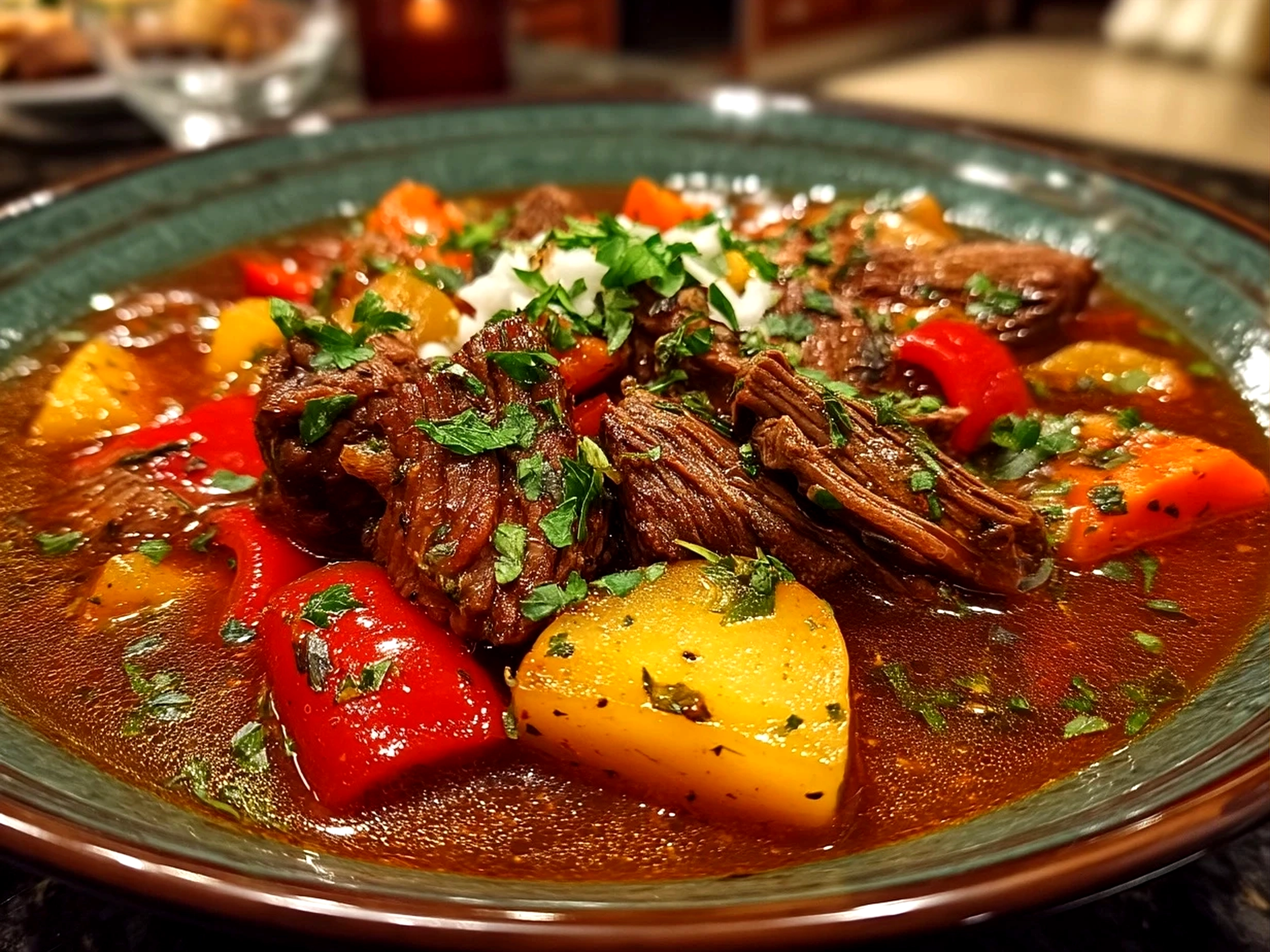 Serving Slow Cooker Goulash with noodles and garnish