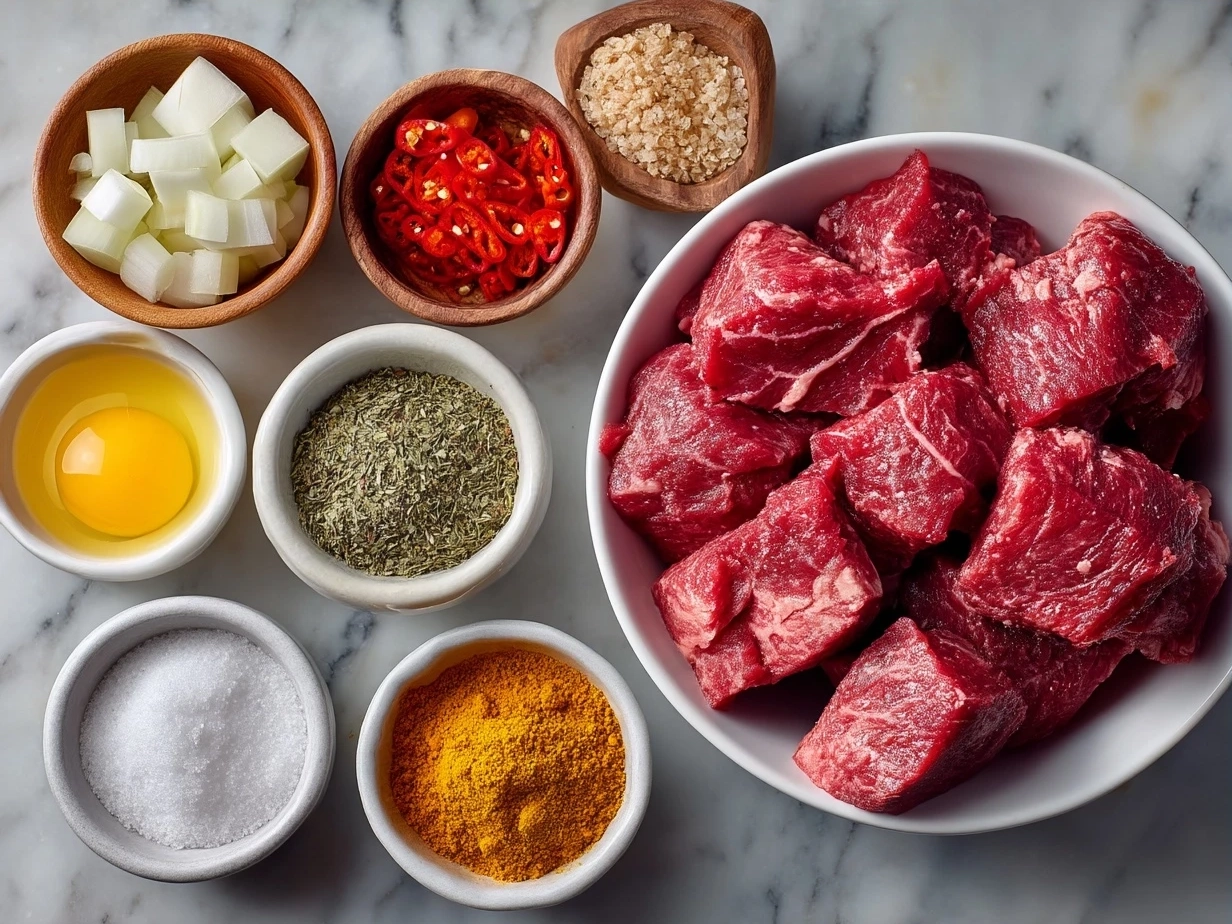 Ingredients for Slow Cooker Goulash including beef stew meat, vegetables, paprika, and sour cream