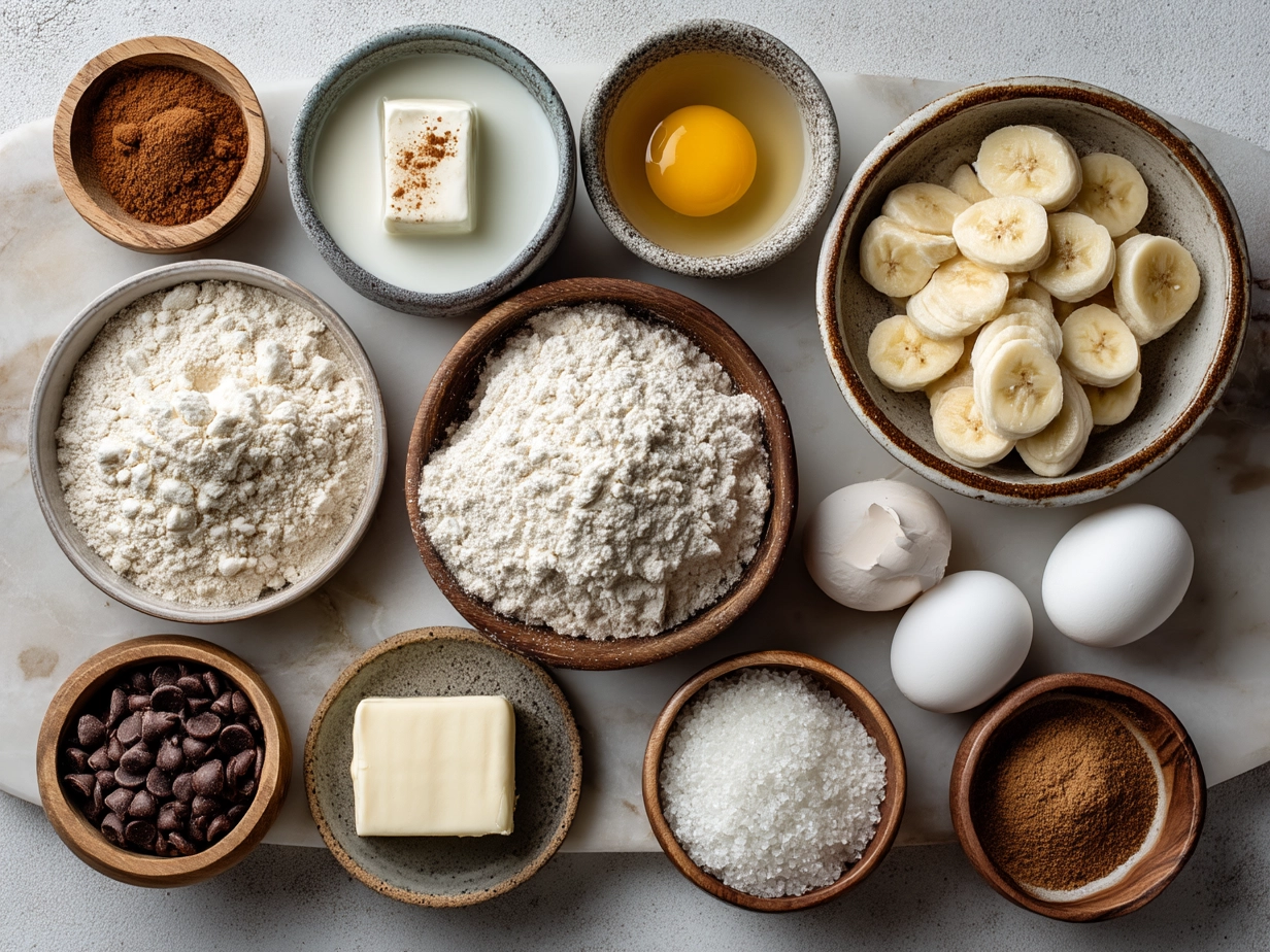 Ingredients for Snickerdoodle Banana Bread including bananas, butter, cinnamon, sugar, flour, and egg