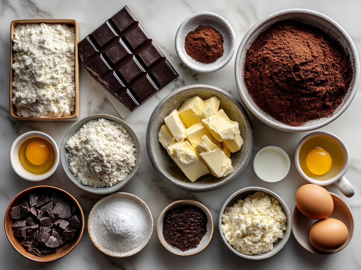 Ingredients for Sour Cream Chocolate Loaf Cake laid out on a kitchen counter