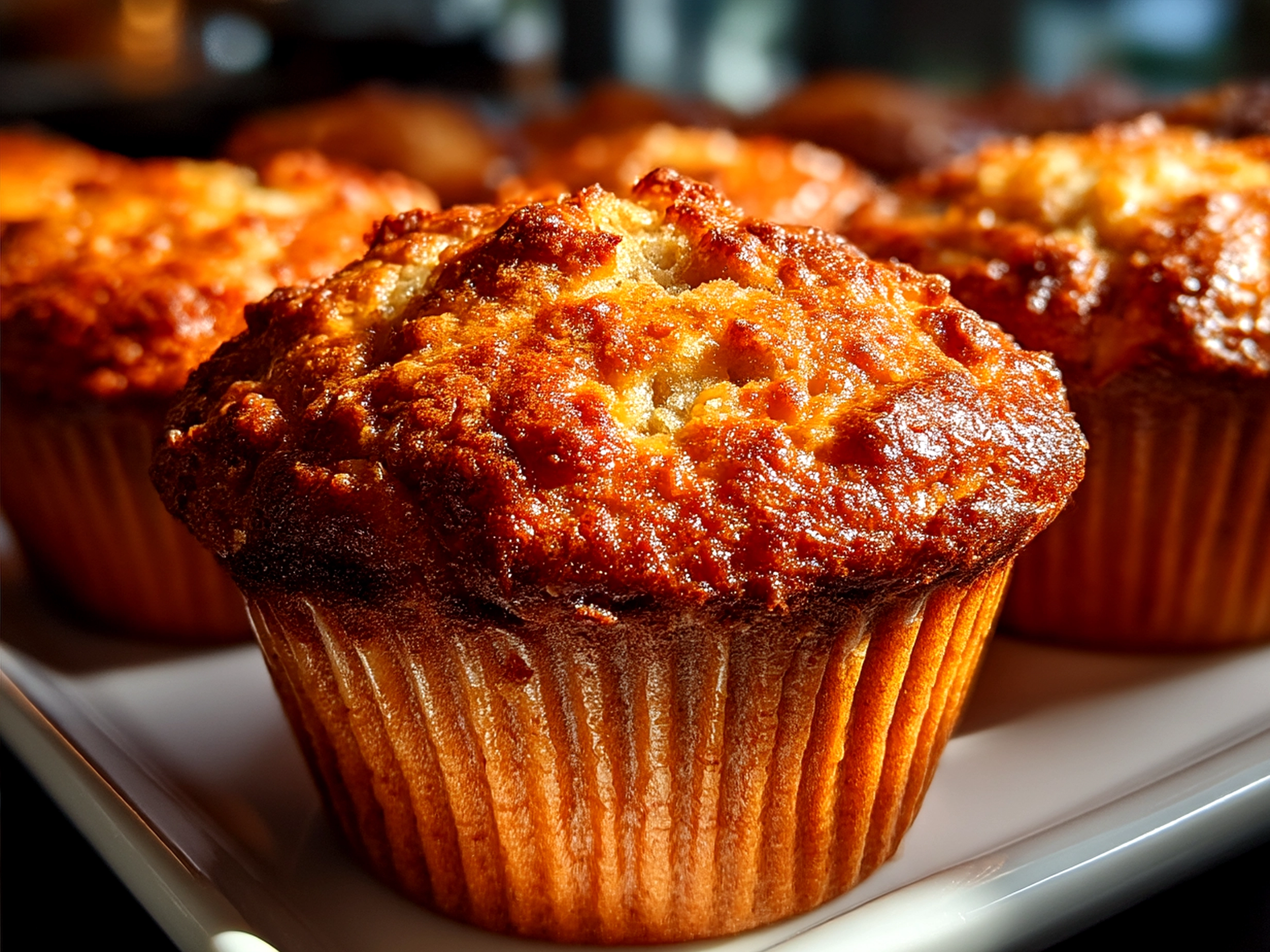Freshly baked Sourdough Discard Banana Muffins on a serving plate with a cozy backdrop