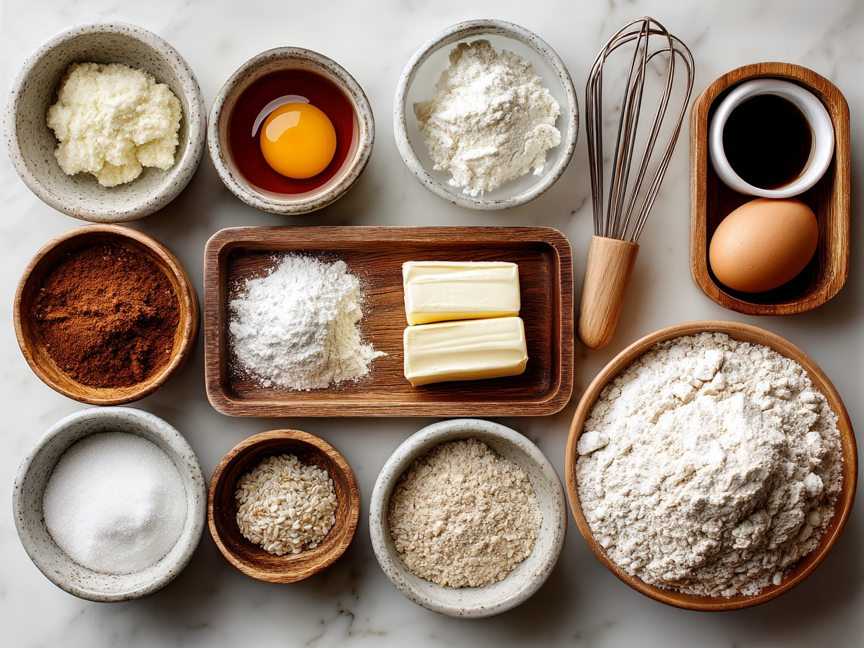 Ingredients for Sourdough Discard Banana Muffins arranged on kitchen counter