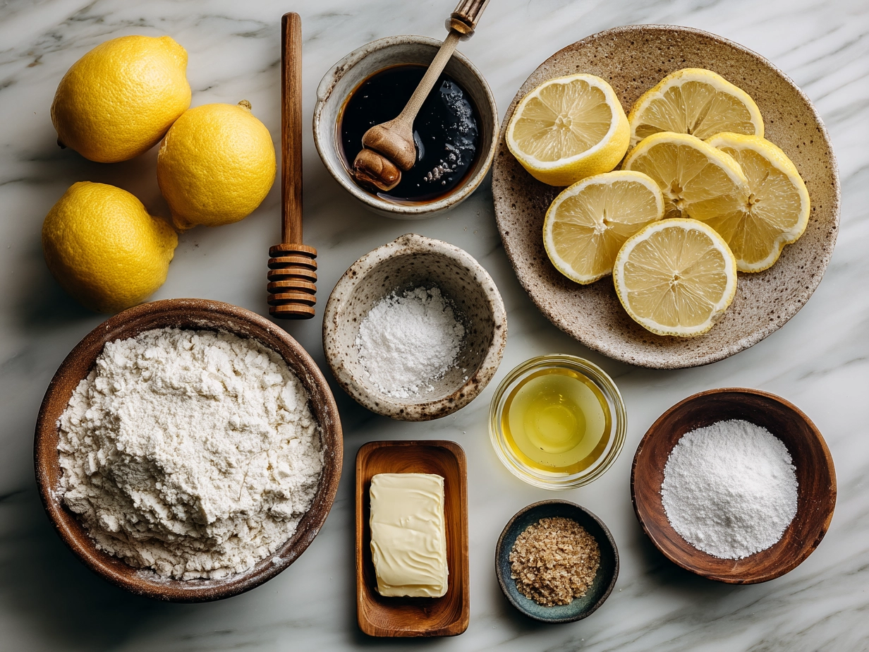 Ingredients for Sourdough Discard Lemon Loaf including flour, sourdough discard, lemons, eggs, oil