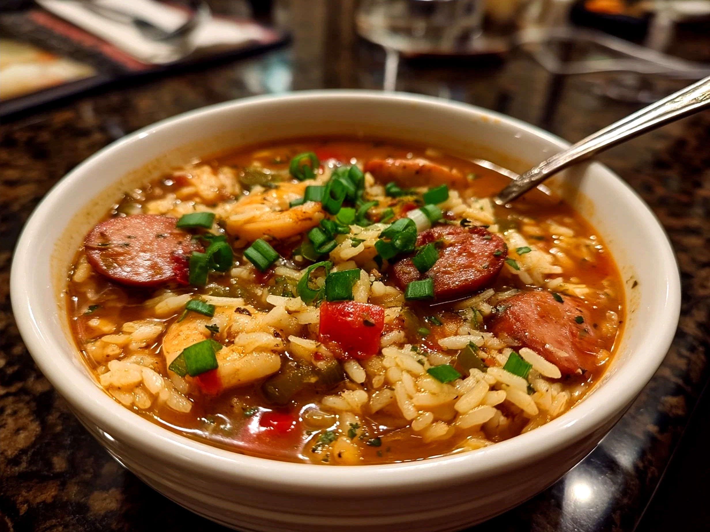 Bowl of spicy jambalaya soup with andouille sausage chicken served with crusty bread