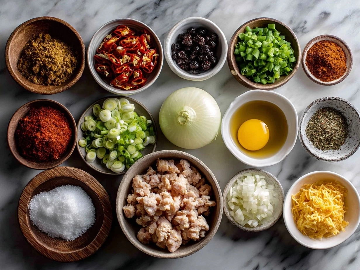 Ingredients for spicy jambalaya soup with andouille sausage chicken including sausage, chicken, vegetables, and spices