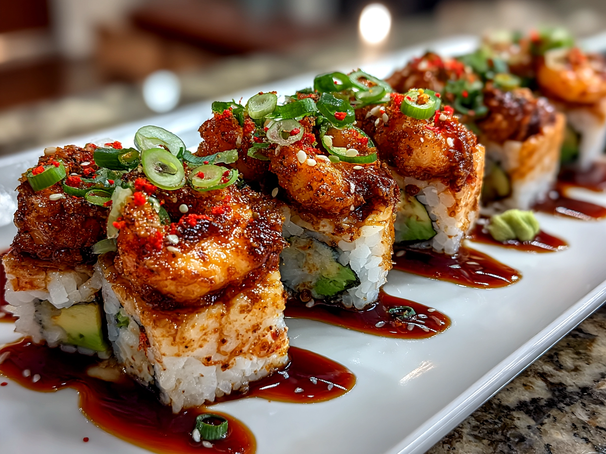 Serving of spicy shrimp sushi stacks with colorful layers of avocado, cucumber, rice and shrimp in glass cups