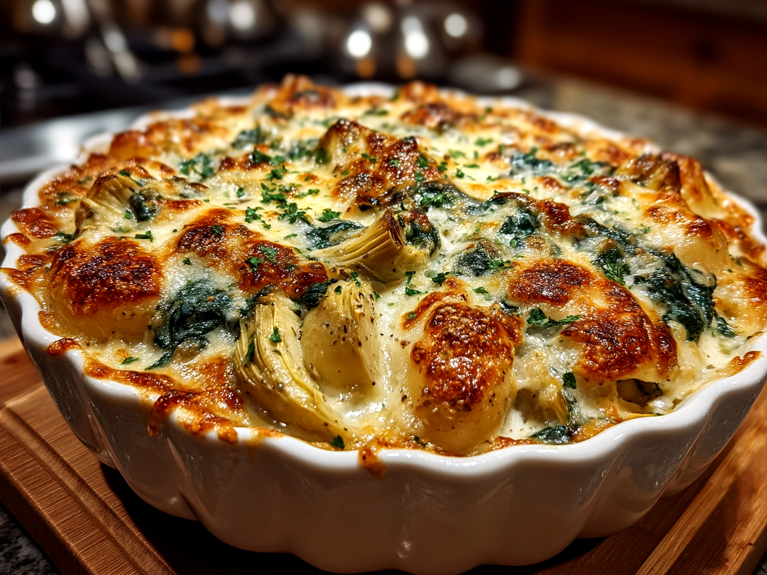 Baked Spinach Artichoke Chicken Casserole served in a baking dish ready to eat
