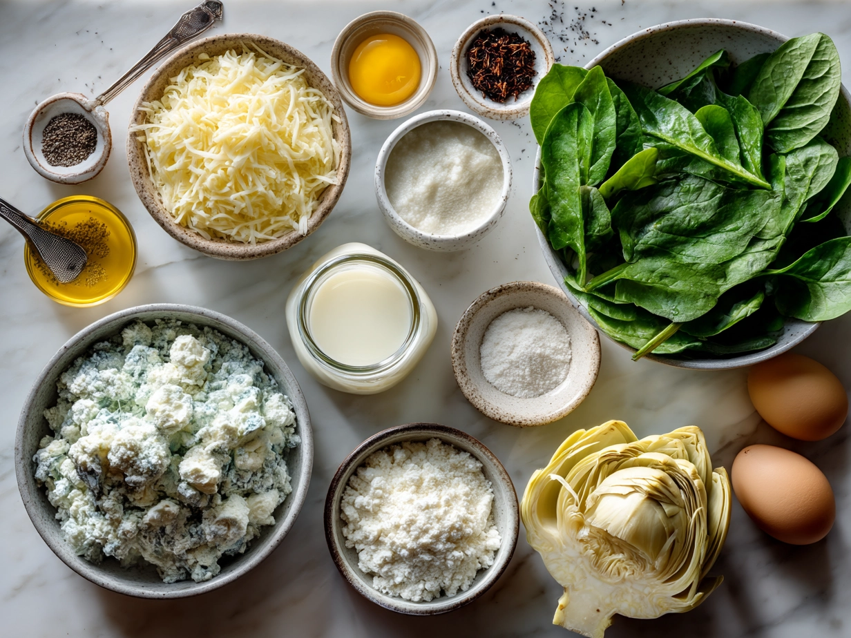 Ingredients laid out for Spinach Artichoke Chicken Casserole including chicken, spinach, artichokes, cheeses, and cream