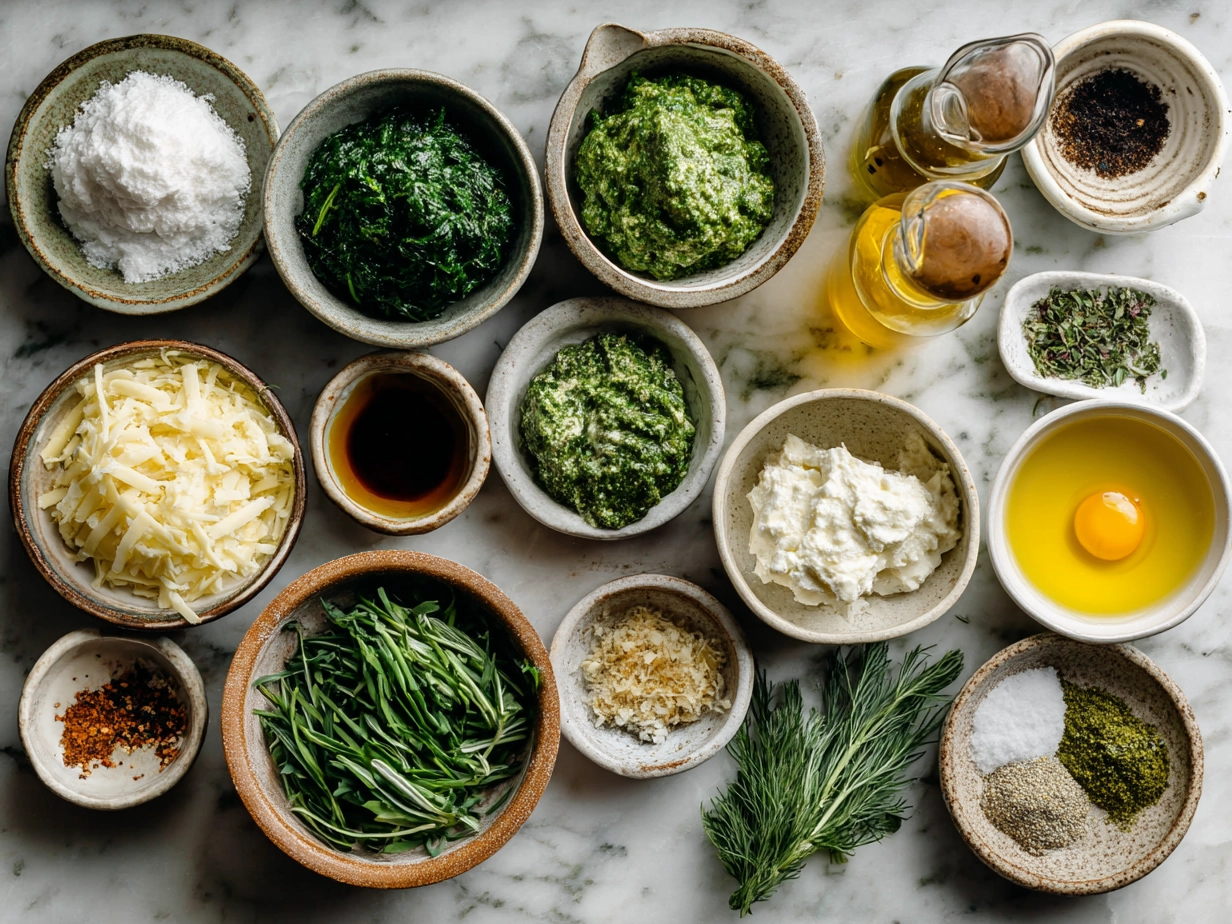 Ingredients for Spinach Dip Christmas Tree including spinach, artichokes, cheeses, and fresh veggies