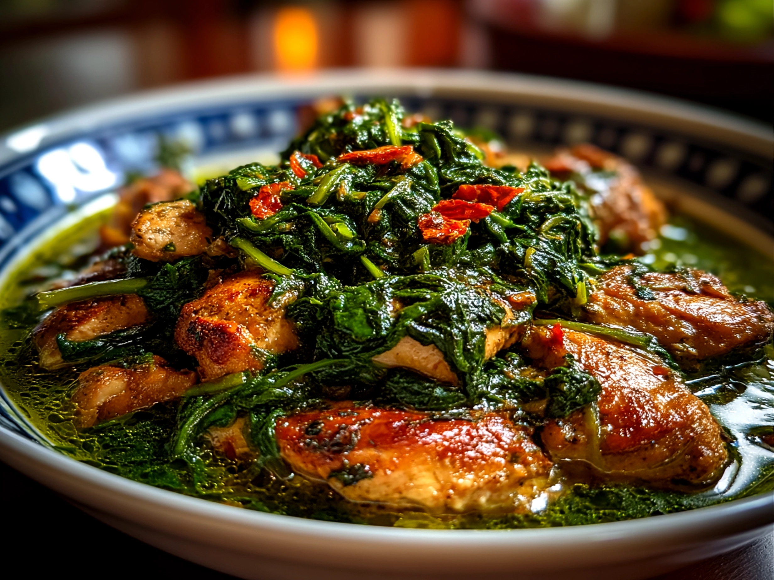 Served Spinach Garlic Chicken on a plate with mashed potatoes and green vegetables, ready to enjoy.