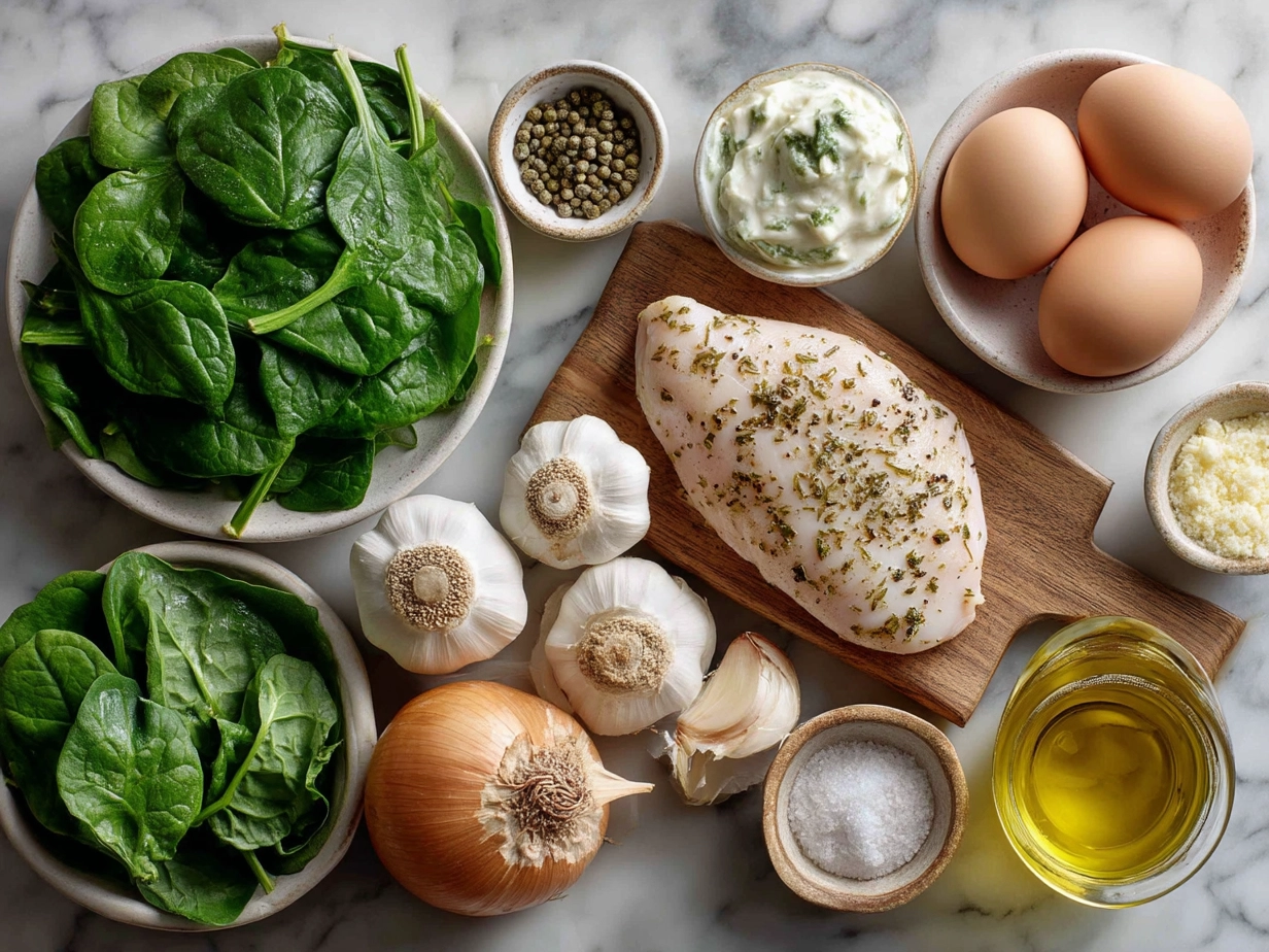 Ingredients for Spinach Garlic Chicken including chicken breasts, spinach, garlic, cream, parmesan cheese, and olive oil.