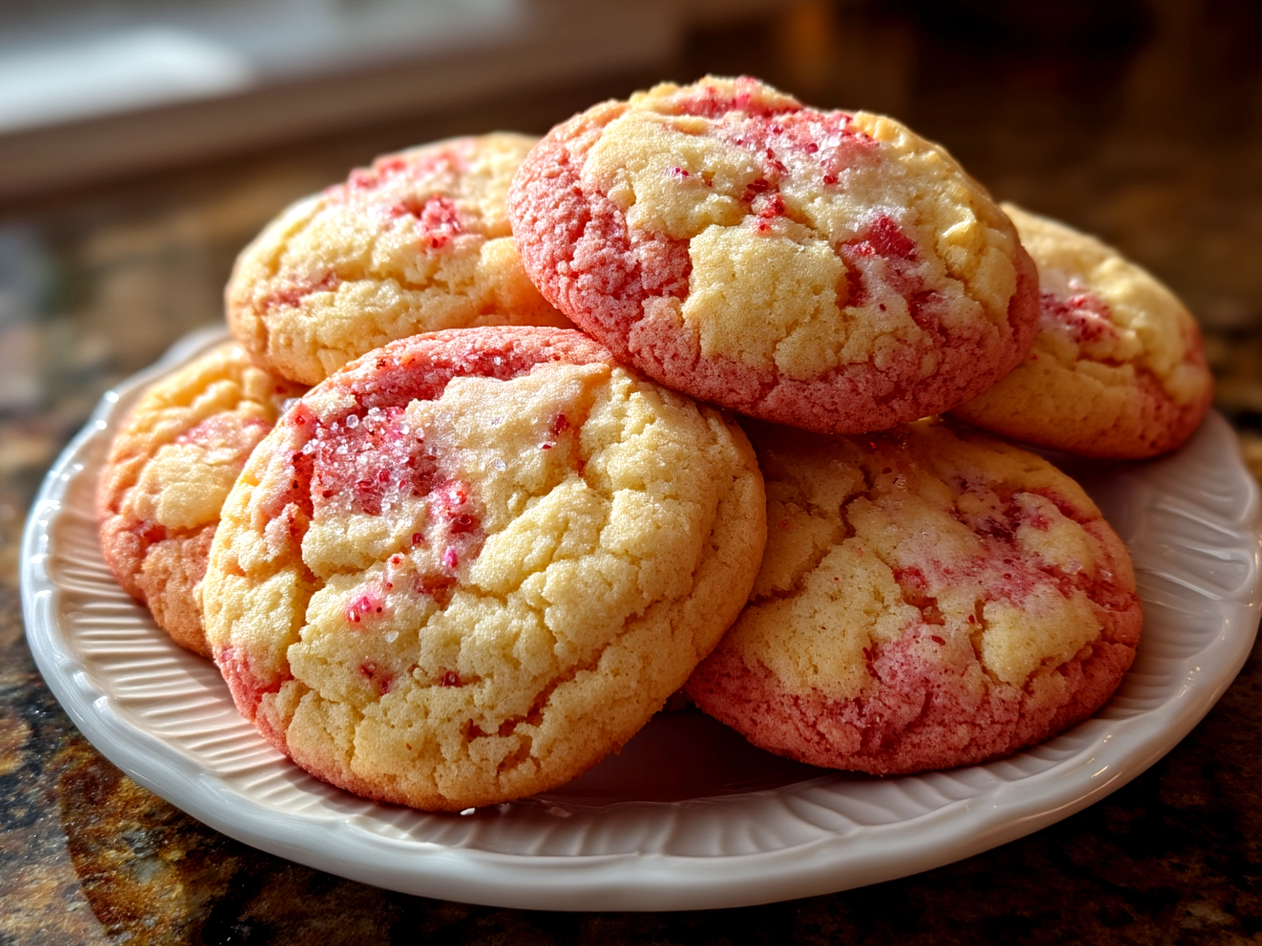 Freshly baked Strawberry Cake Mix Cookies served on a plate with a glass of milk