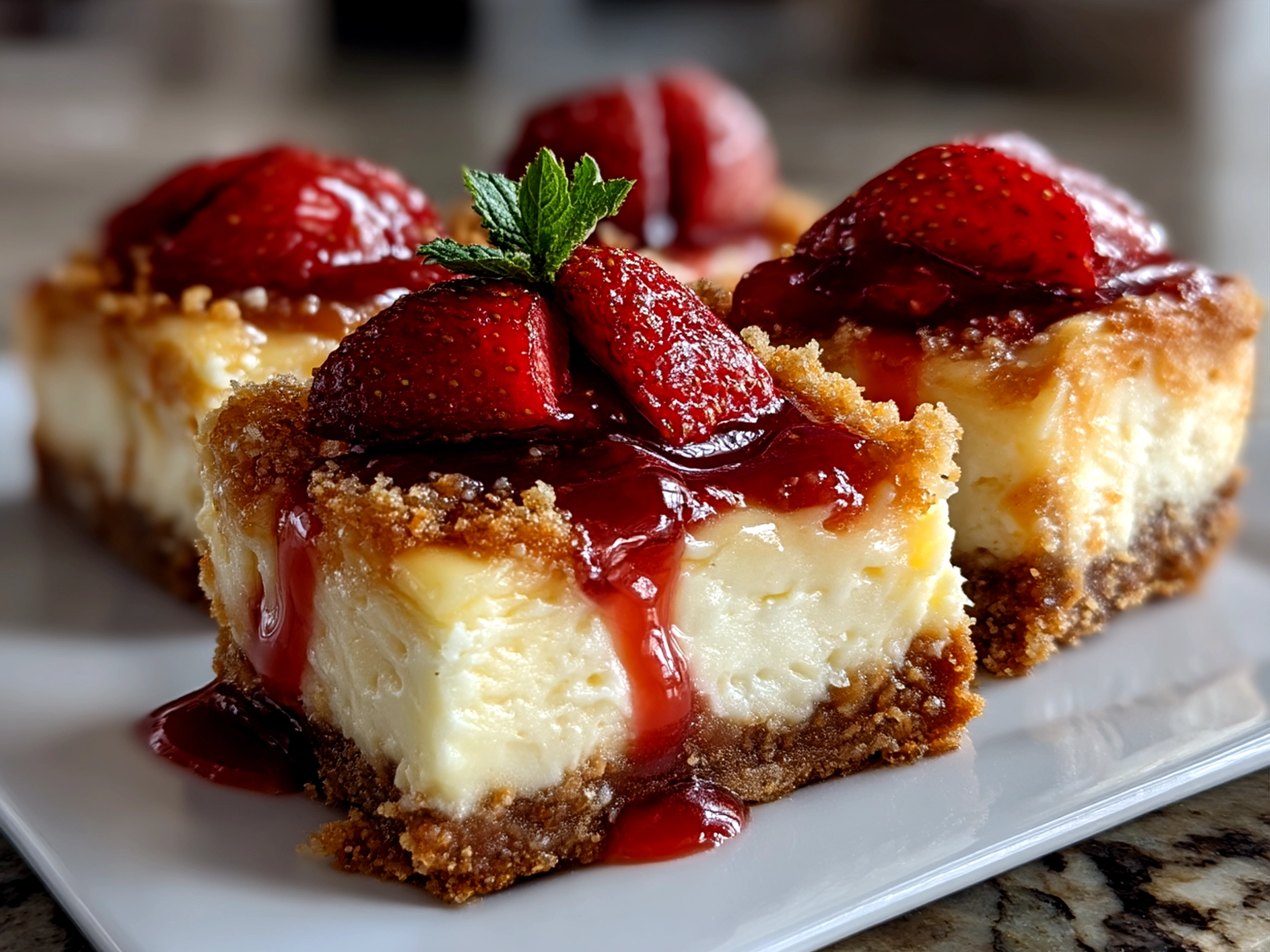 Serving of sliced Strawberry Cheesecake Bars served with fresh strawberries and mint leaves