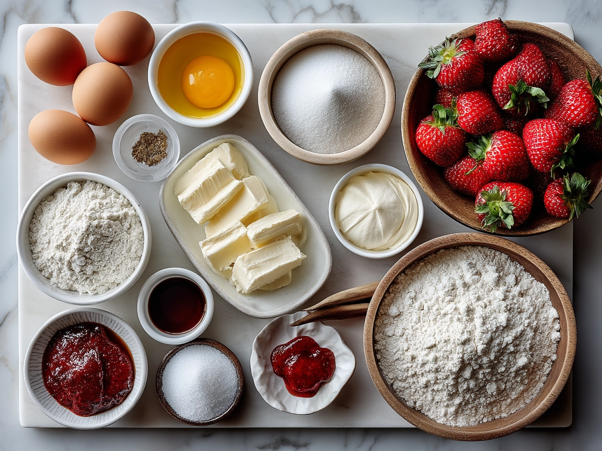 Ingredients for Strawberry Cheesecake Bars including graham crackers, butter, cream cheese, sugar, eggs, strawberries, and strawberry jam