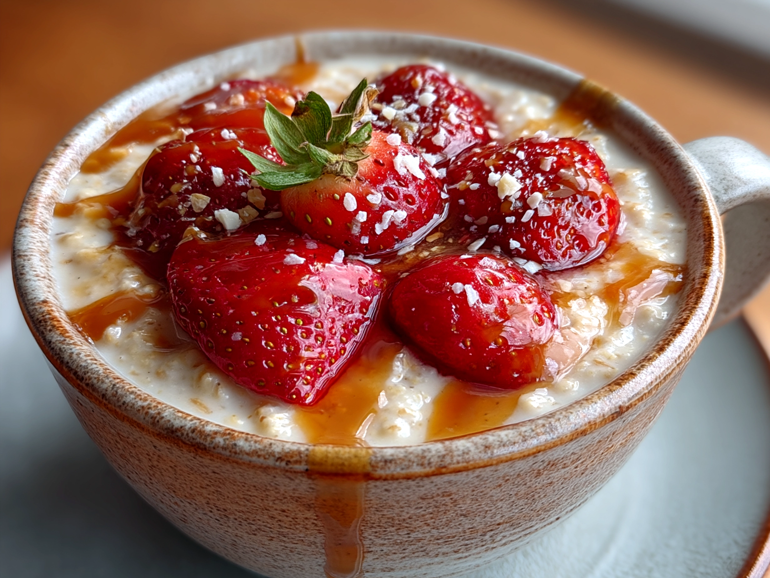 Serving of Strawberry Cheesecake Overnight Oats topped with fresh strawberries in a glass jar