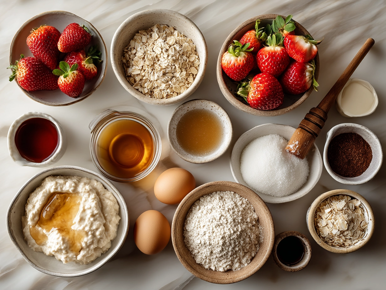 Ingredients needed for Strawberry Cheesecake Overnight Oats including oats, milk, cream cheese, honey, strawberries, Greek yogurt, vanilla, chia seeds, and salt