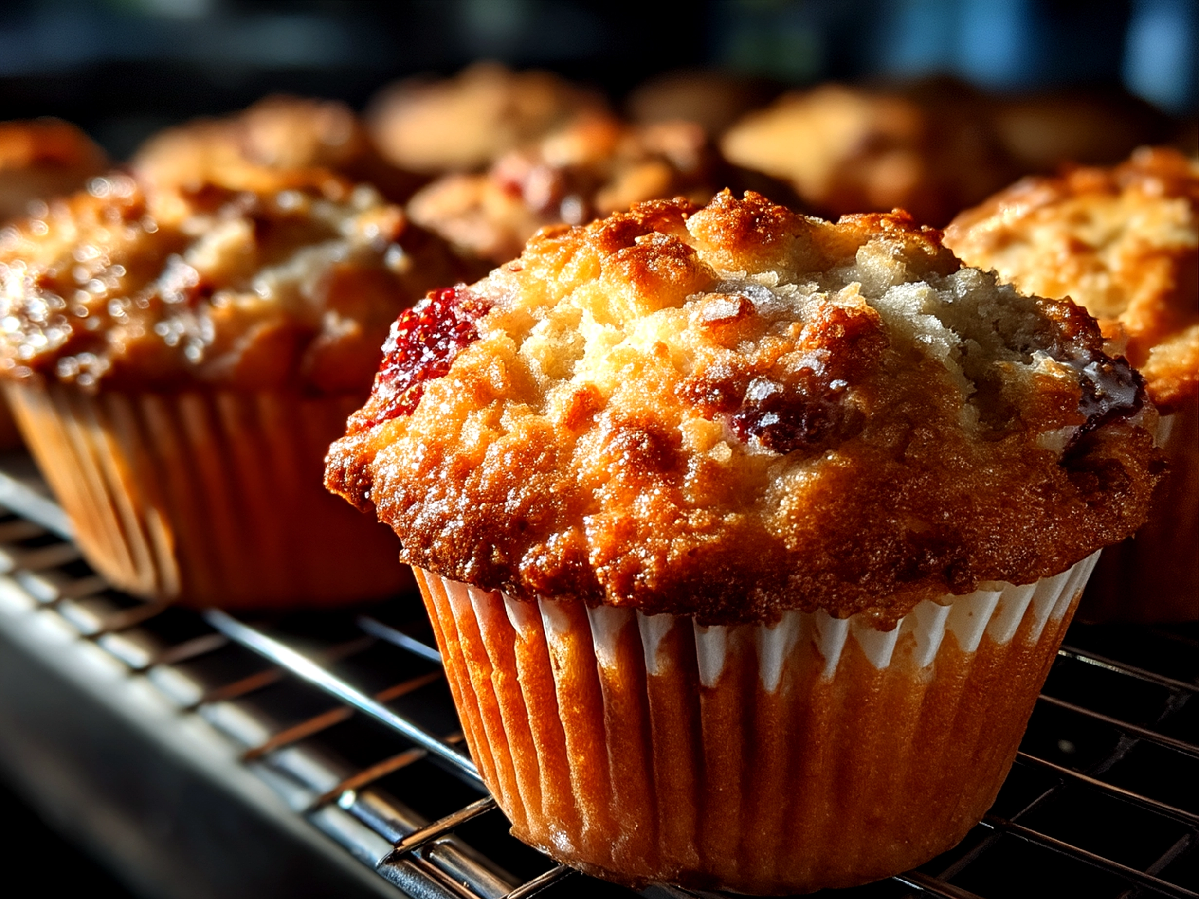Finished strawberry muffins served warm on a plate ready to eat