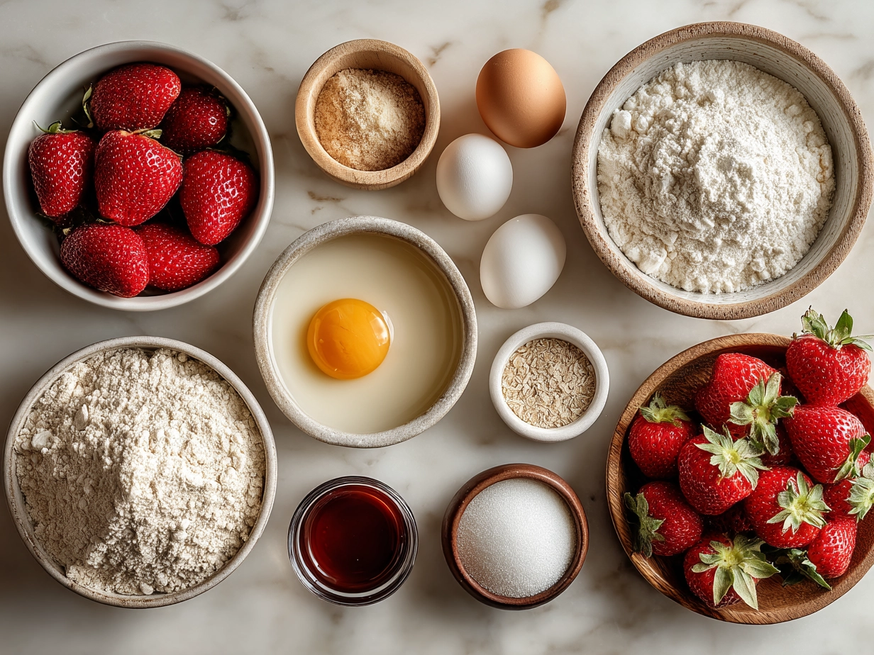 Ingredients for making strawberry muffins including strawberries, flour, sugar, milk and eggs