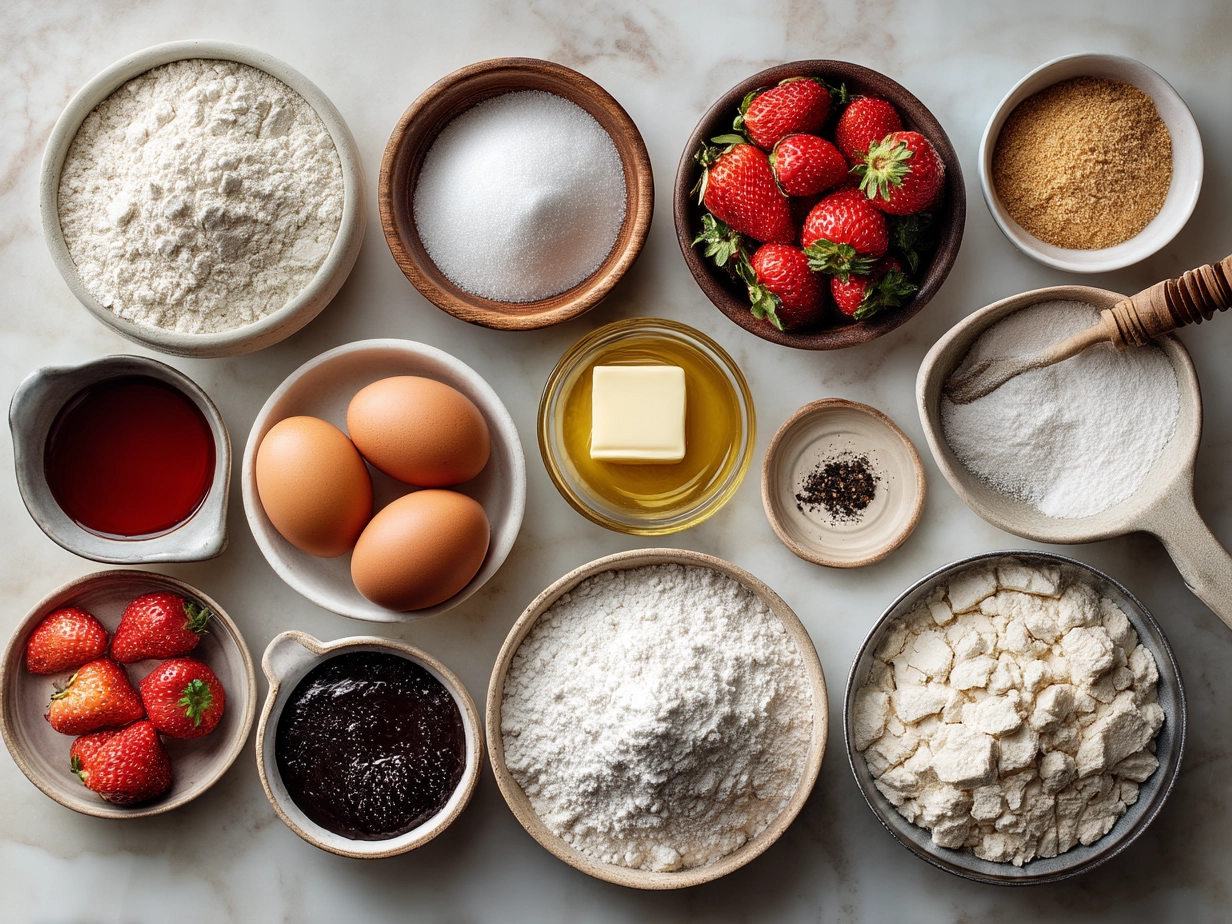 Ingredients for Strawberry Pop Tart Cookies including flour, sugar, butter, egg, and jam