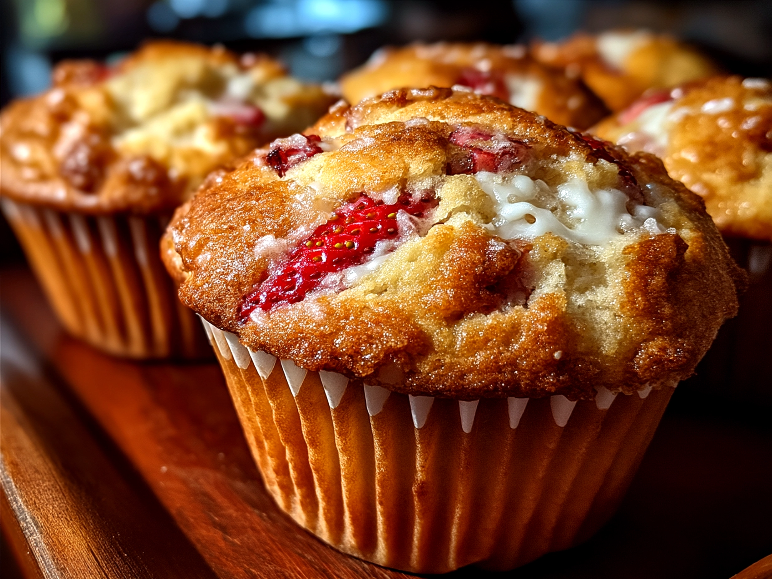 Serving plate with fresh Strawberry Ricotta Muffins ready to be enjoyed