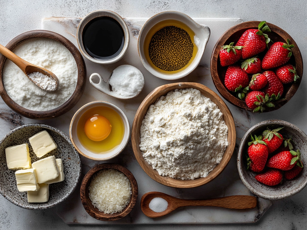 Ingredients for Strawberry Ricotta Muffins including fresh strawberries, ricotta cheese, flour, sugar, and other baking essentials