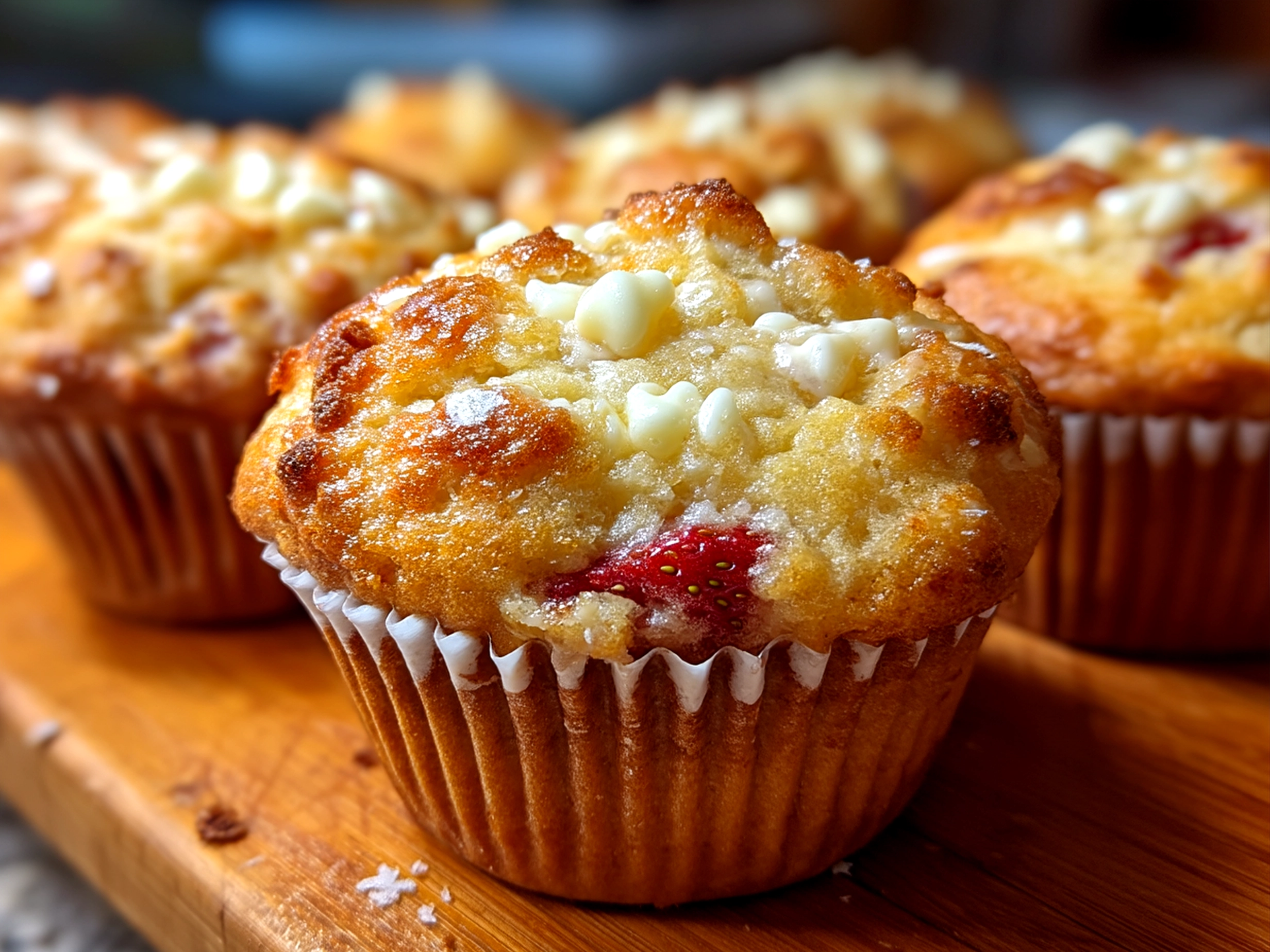 Freshly baked Strawberry White Chocolate Muffins served on a plate