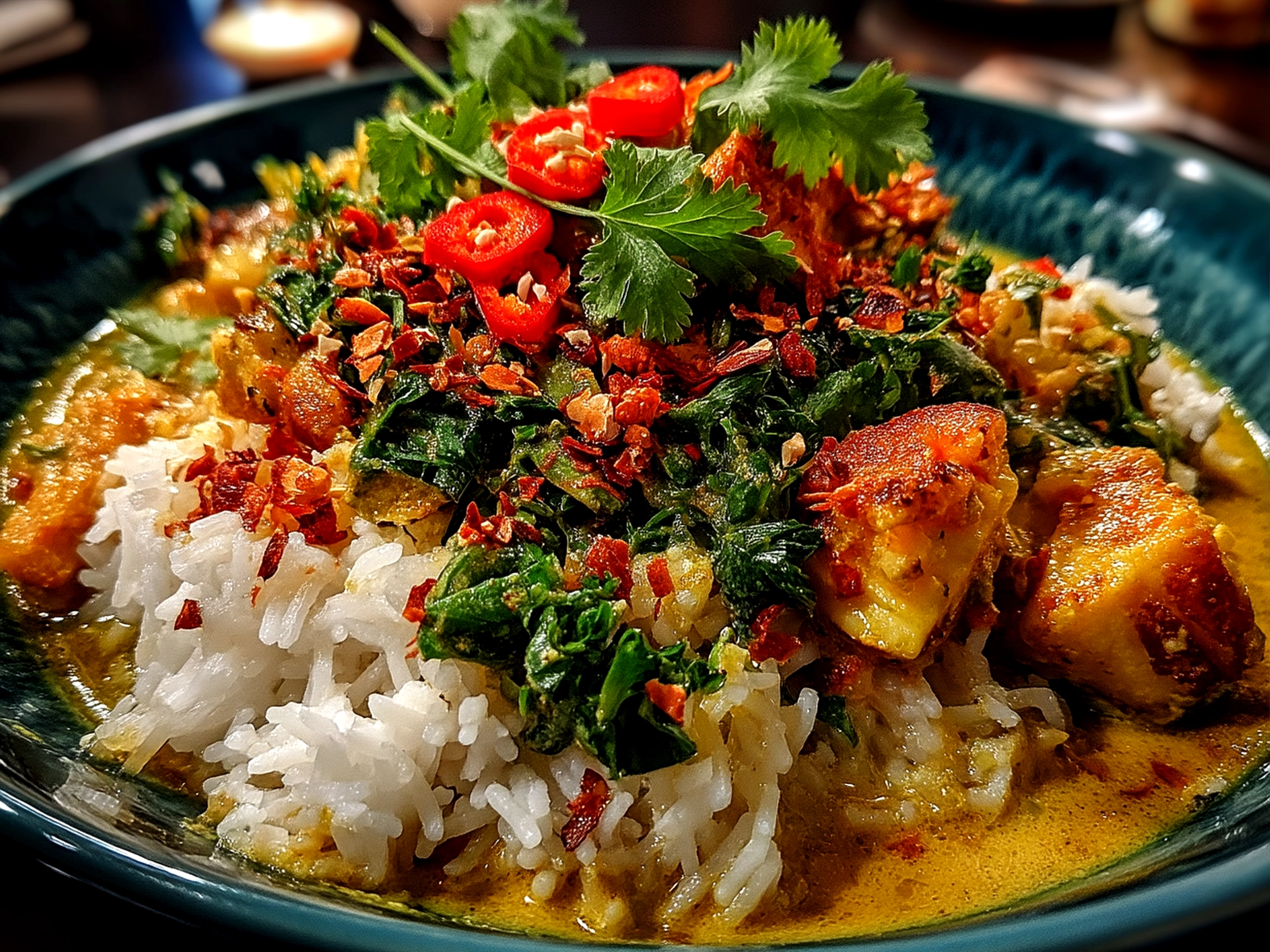 Serving plate with Thai Peanut Curry, jasmine rice, and fresh cucumber slices on the side