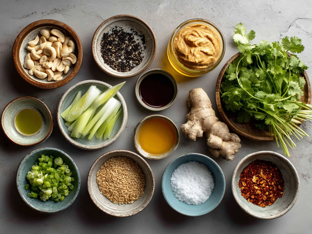 Ingredients for Thai Peanut Curry laid out on a counter including peanut butter, fresh vegetables, coconut milk and spices