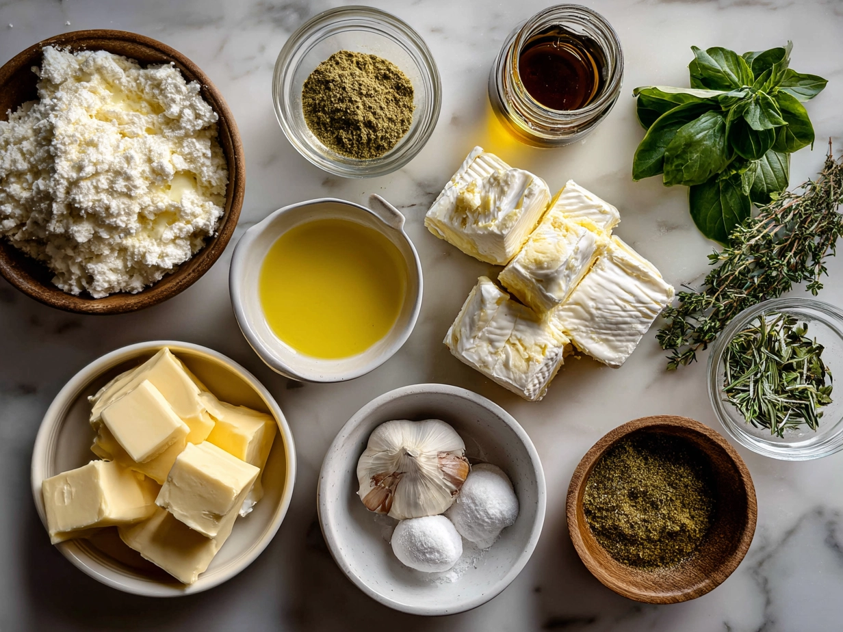 Ingredients for Baked Brie With Garlic And Herbs laid out on a table
