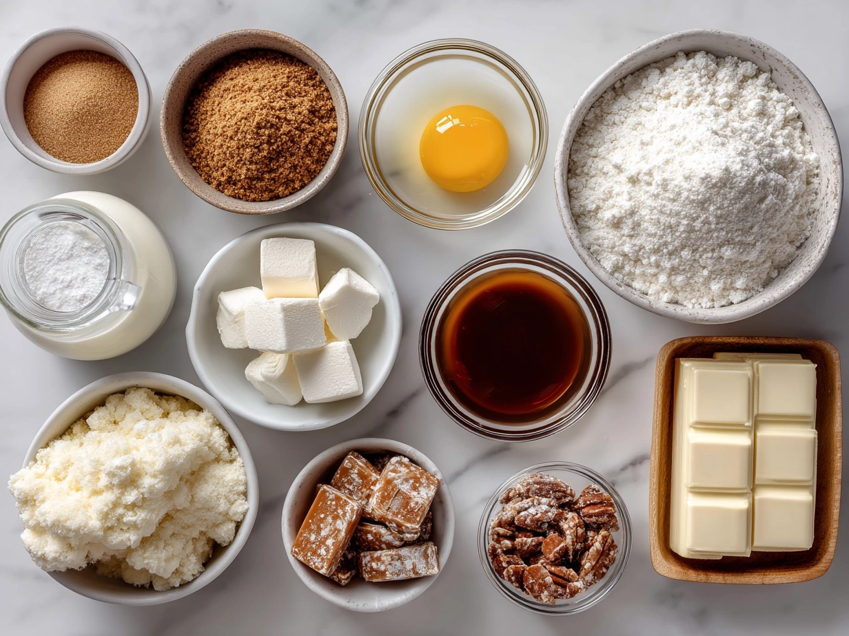 Ingredients for Toffee Crunch Cupcakes laid out on a wooden surface