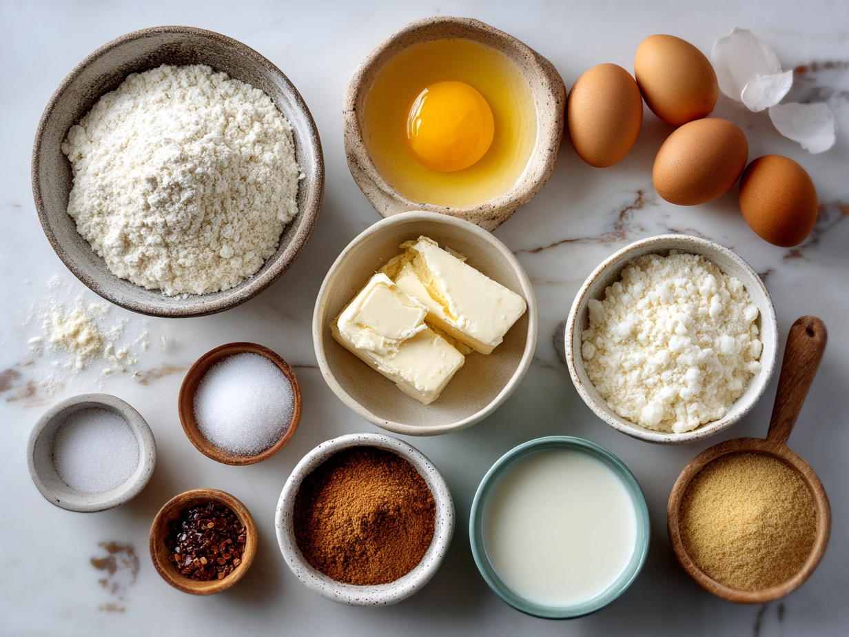 Top down view of raw ingredients for 3 Ingredient Creamy Yogurt Cake including Greek yogurt, flour, and sugar