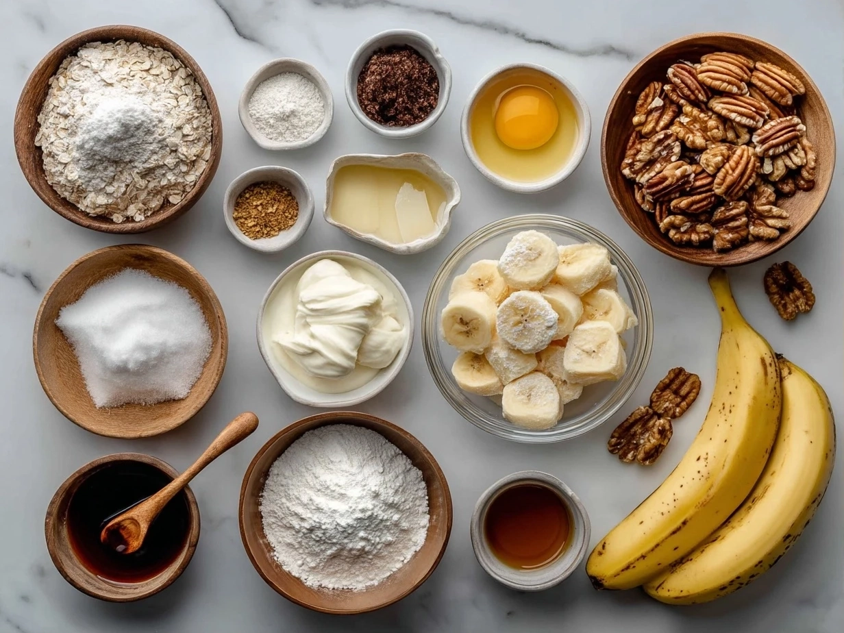 Top down view of raw ingredients for Banana Nut Bagels including bananas, nuts, flour, and spices