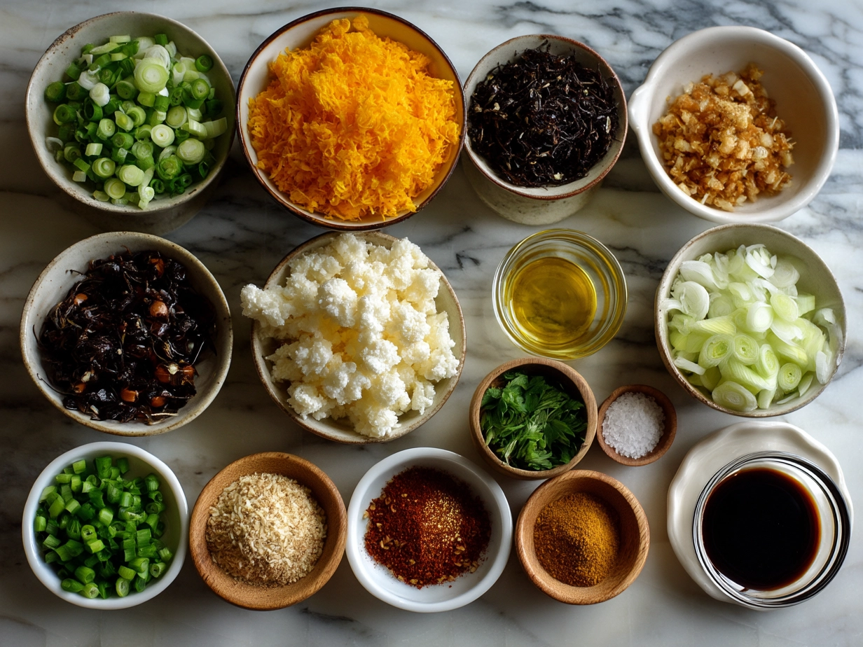 Top down view of raw ingredients for Bang Bang Fried Rice laid out on marble