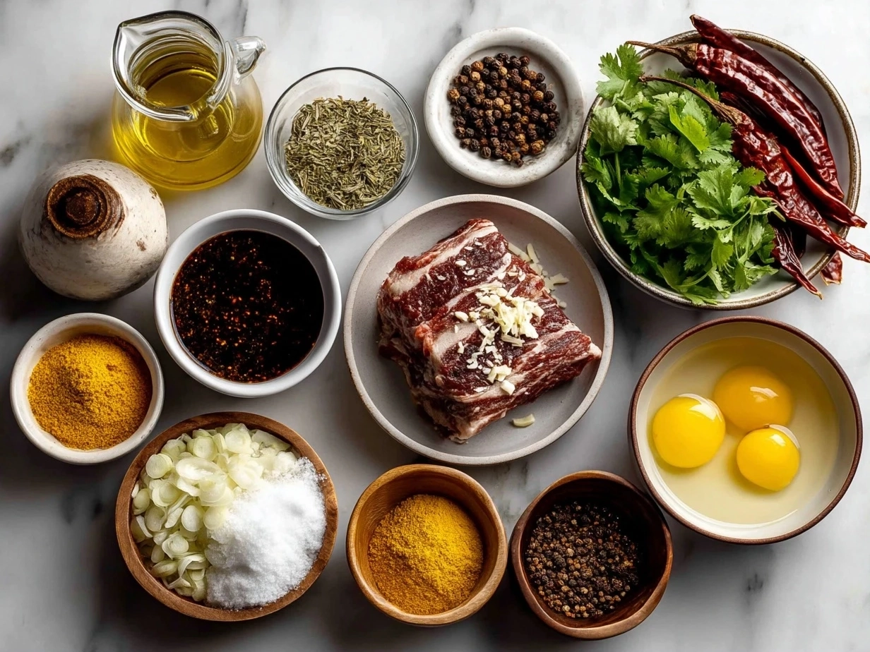 Top-down raw ingredients for Birria Enchiladas on marble surface
