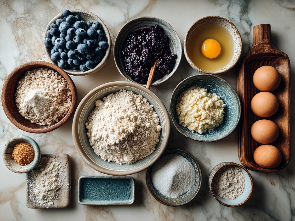Ingredients for Blueberry Crumb Cake arranged on a marble surface