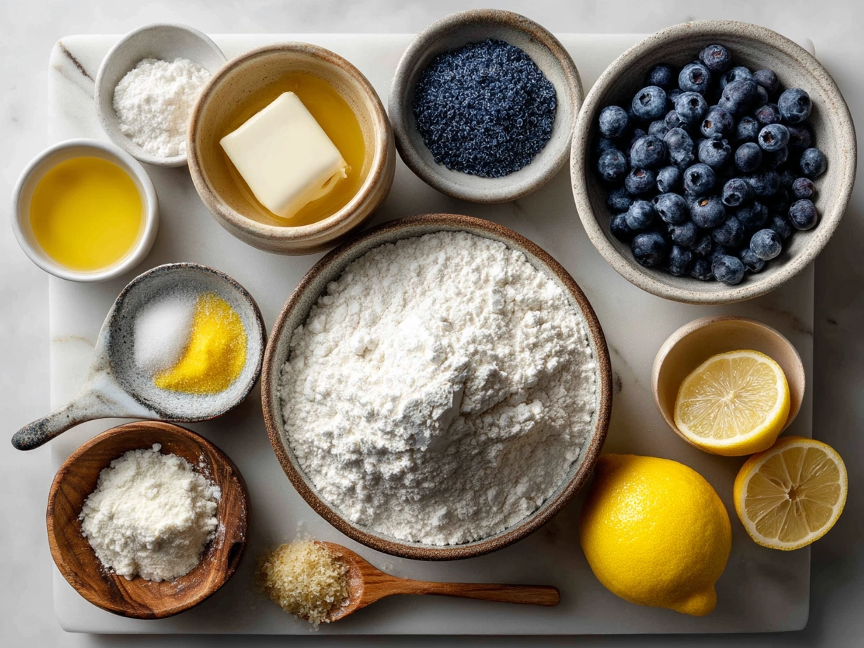 Top down view of raw ingredients for Blueberry Lemon Sourdough Sweet Rolls on marble surface
