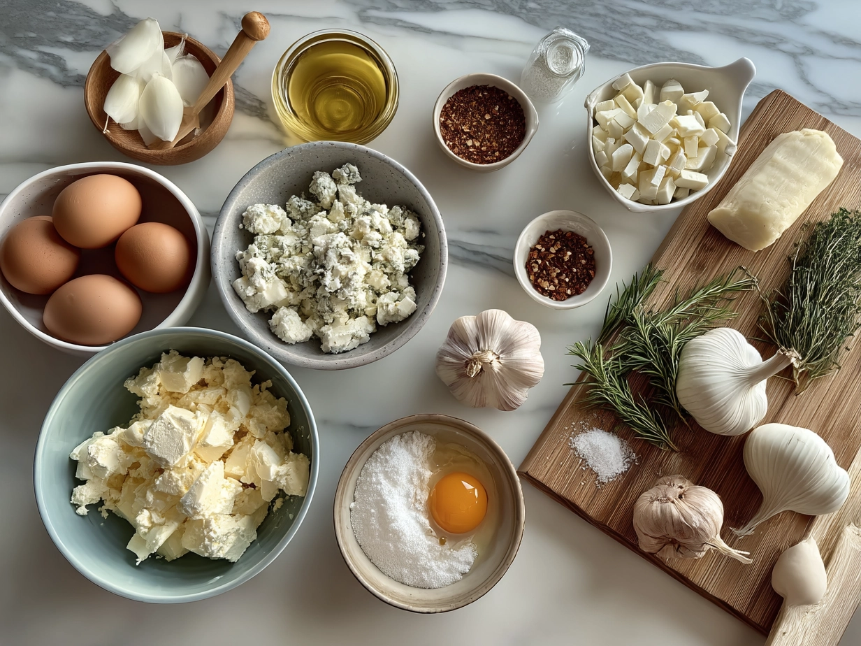 Raw ingredients for Boursin Cheese laid out on marble surface