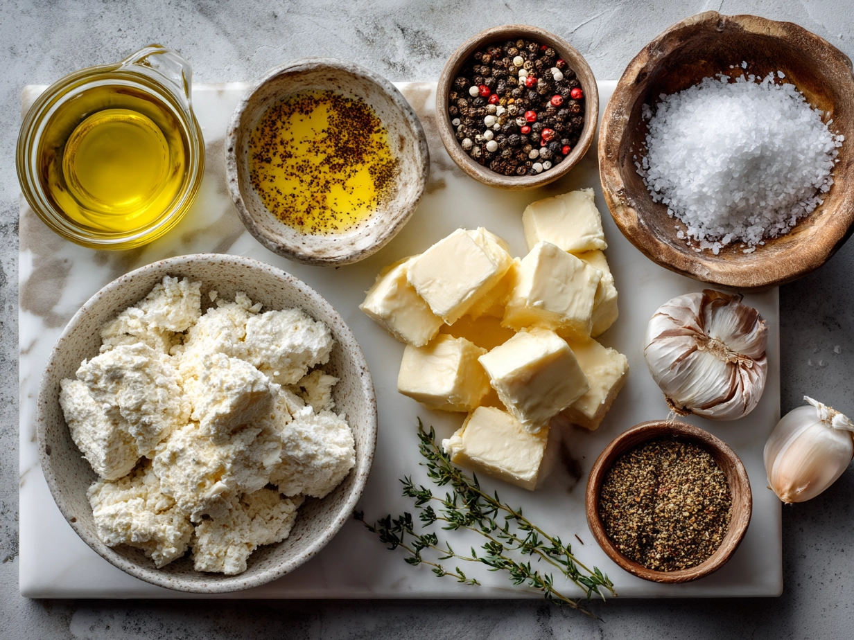 Top down photo of raw ingredients for Butter Chicken Skillet on marble surface showing organized mise en place