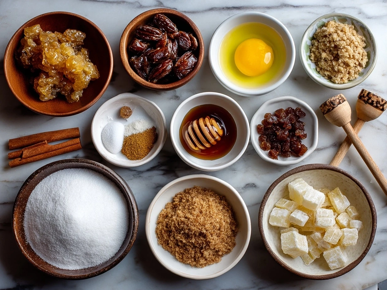 Top-down view of raw ingredients for Caramelized Apple Samoas on marble with modern kitchen organized mise en place
