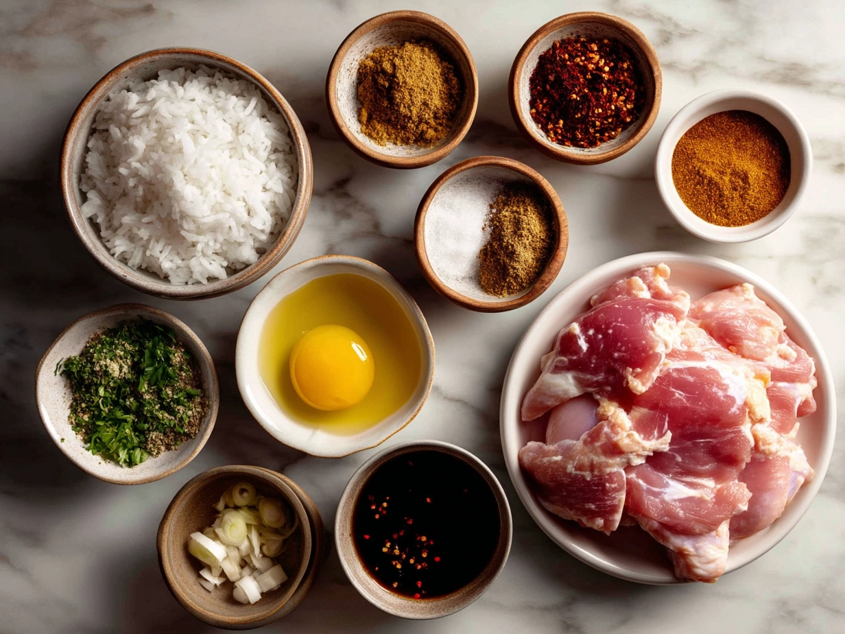 Raw ingredients for Char Siu Chicken arranged on marble surface