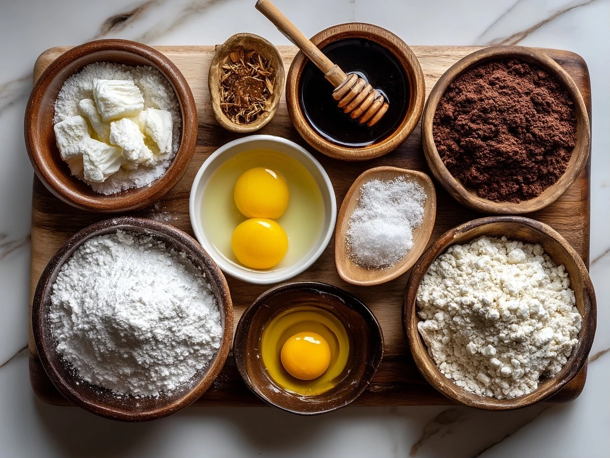 Top-down view of raw ingredients for chocolate cake on marble surface
