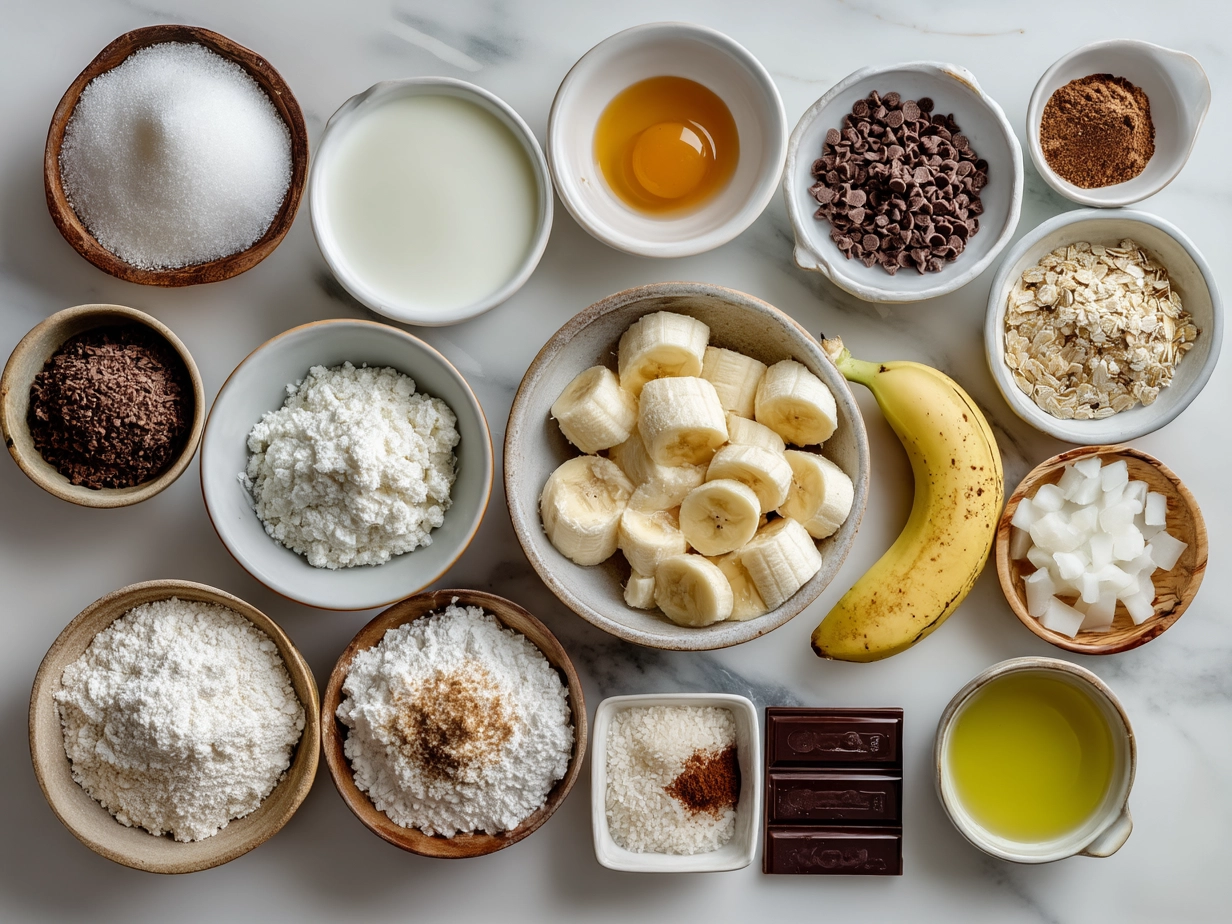 Raw ingredients for chocolate chip banana bread on marble surface