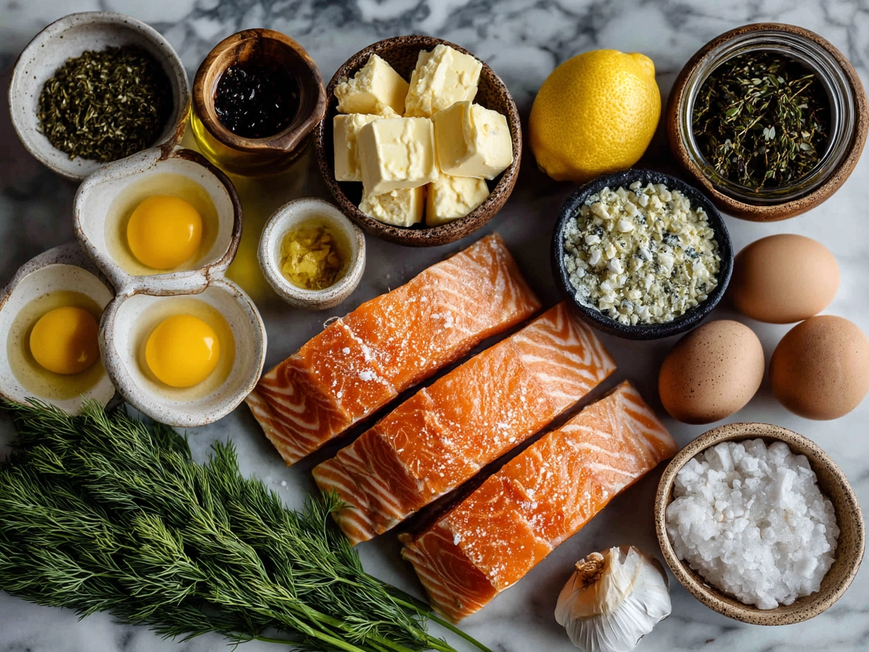Top-down view of raw ingredients for creamy seafood gratin on marble surface