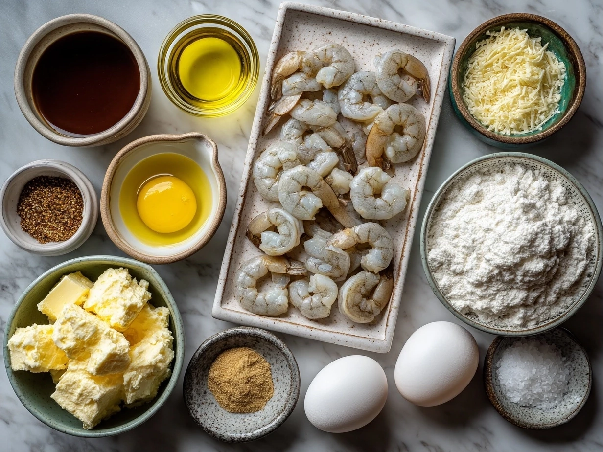 Top-down view of raw ingredients for creamy shrimp casserole laid out on a marble surface