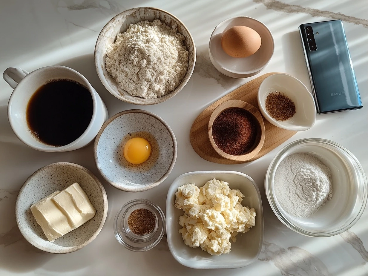 Ingredients for Creme Brulee Cookies laid out on a marble countertop